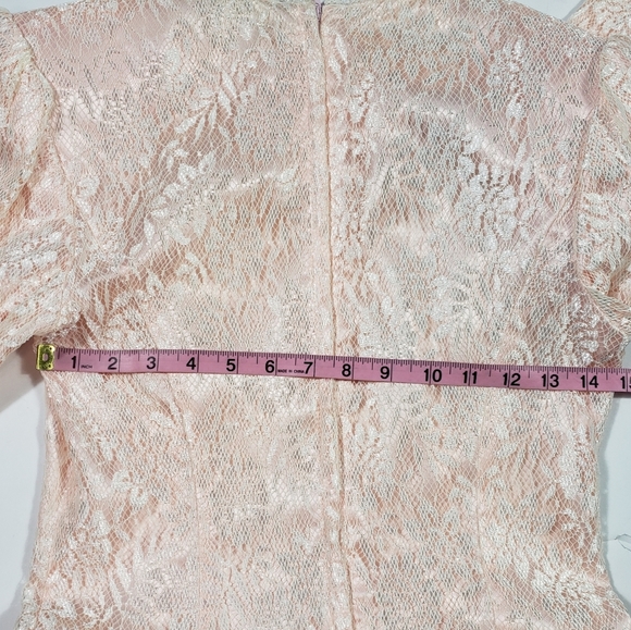 Vintage Scott McClintock Satin Lace Drop Waist Peplum Dress Sz 8 Pink Peach Bow - Picture 14 of 16
